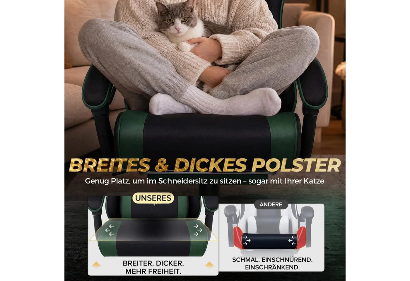 GTPLAYER Gaming-Stuhl Ergonomisch mit Federsitzkissen & Fußstütze Grün - Bild 3