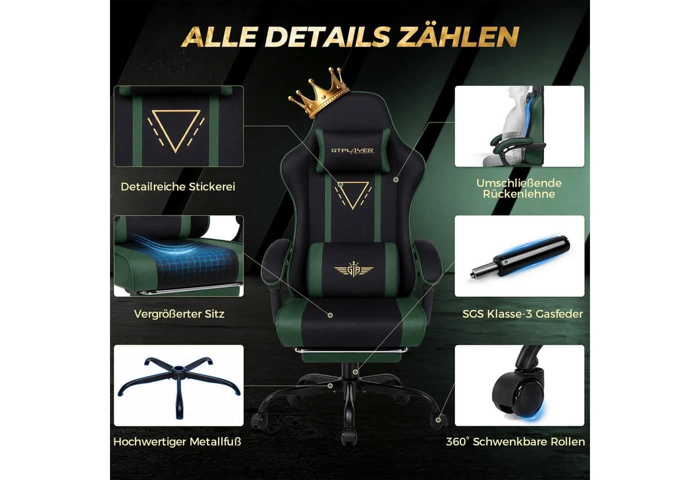 GTPLAYER Gaming-Stuhl Ergonomisch mit Federsitzkissen & Fußstütze Grün - Bild 5