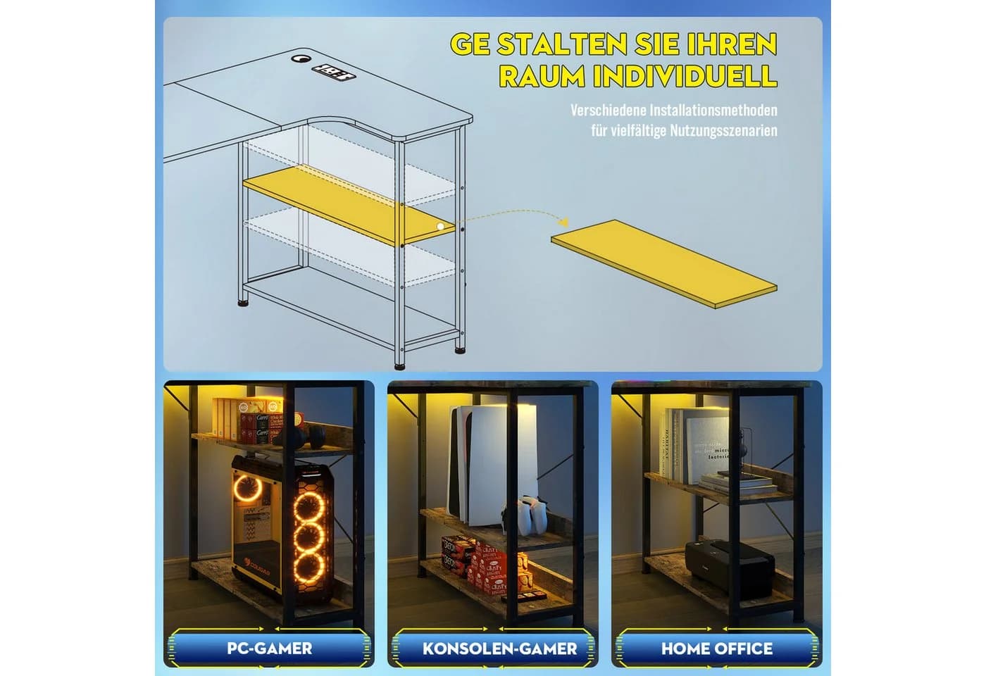 GTPLAYER Gaming Eckschreibtisch L-Form mit Regal und USB-Anschluss - Bild 4