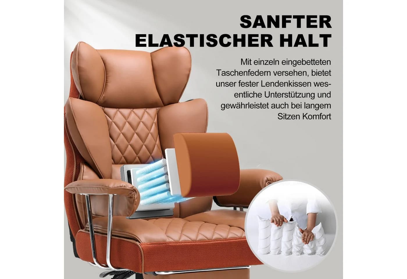GTPLAYER Gaming-Stuhl Bürostuhl mit Taschenfeder-Lendenwirbelstütze Braun - Bild 3