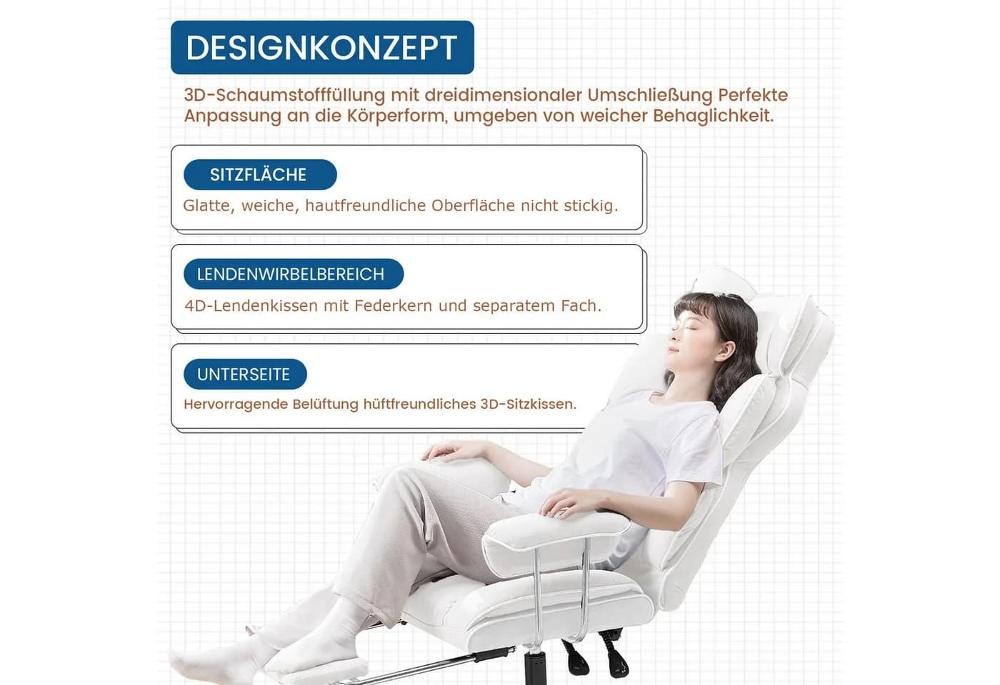 GTPLAYER Gaming-Stuhl Ergonomischer Bürostuhl mit Fußstütze Weiß - Bild 4