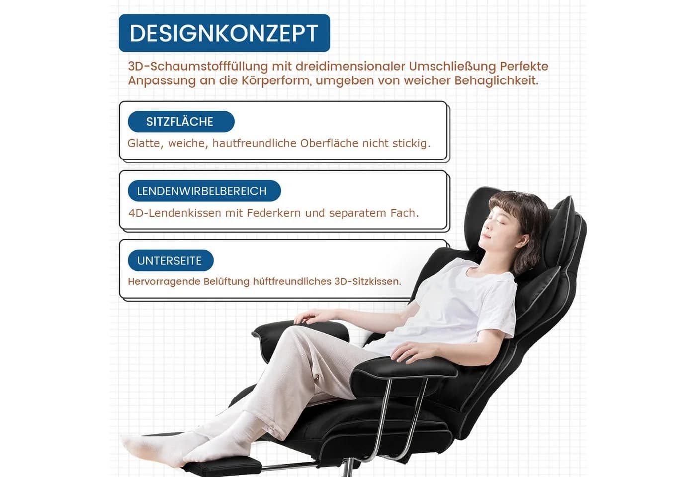GTPLAYER Gaming-Stuhl Ergonomisch mit Fußstütze Kunstleder Schwarz - Bild 4