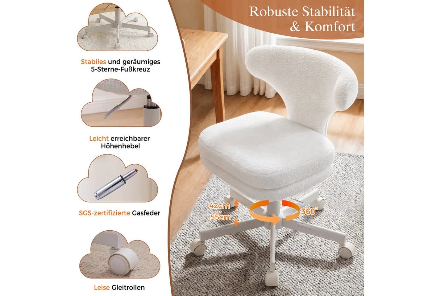 COMHOMA Bürostuhl Homeoffice Stuhl Schminkstuhl Weiß Bouclé
