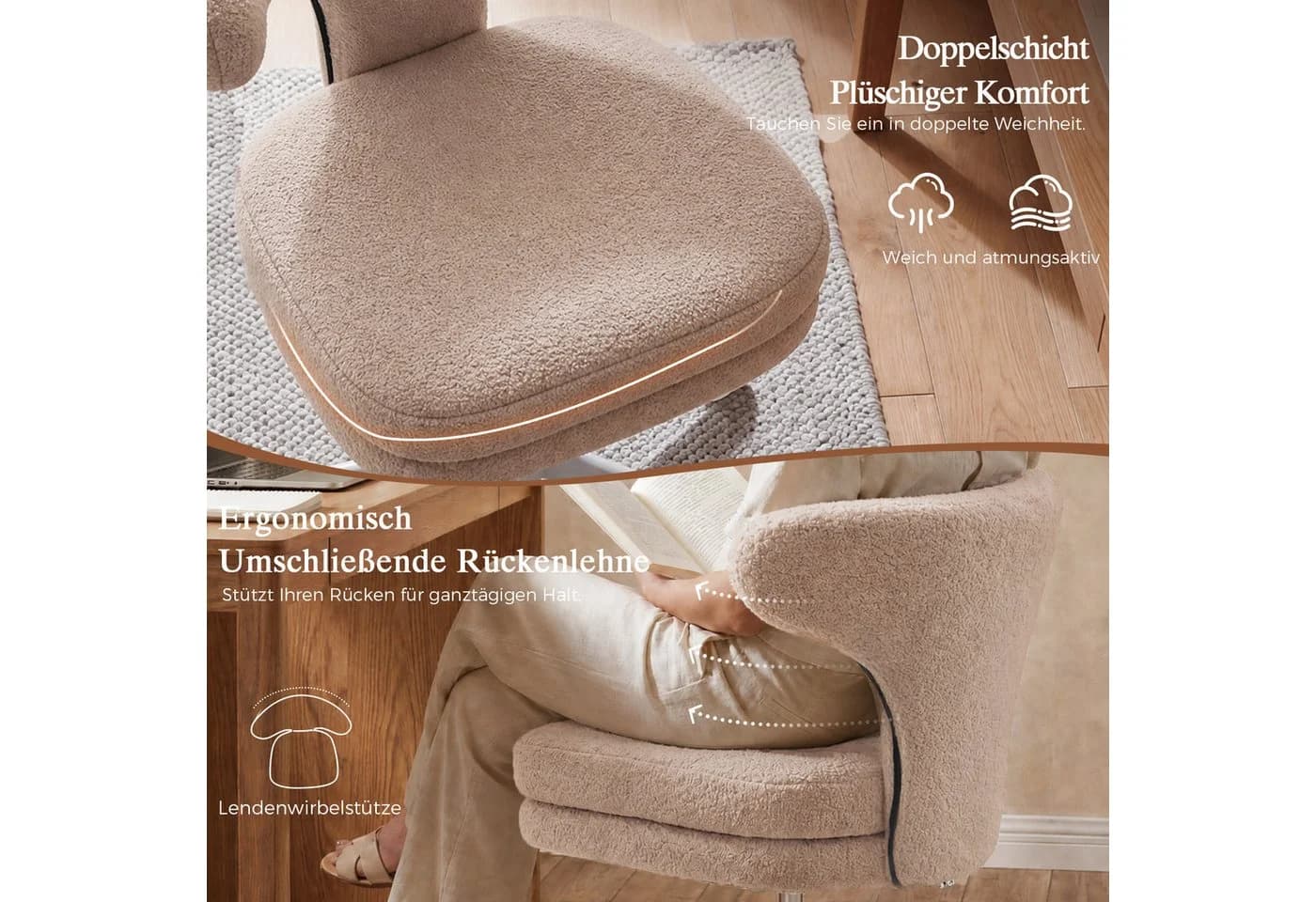 COMHOMA Bürostuhl mit Rollen, Drehstuhl, Umschließender Rückenlehne, Braun - Bild 4