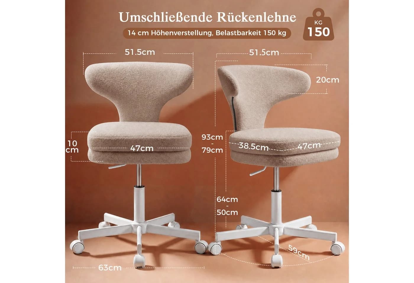 COMHOMA Bürostuhl mit Rollen, Drehstuhl, Umschließender Rückenlehne, Braun - Bild 5