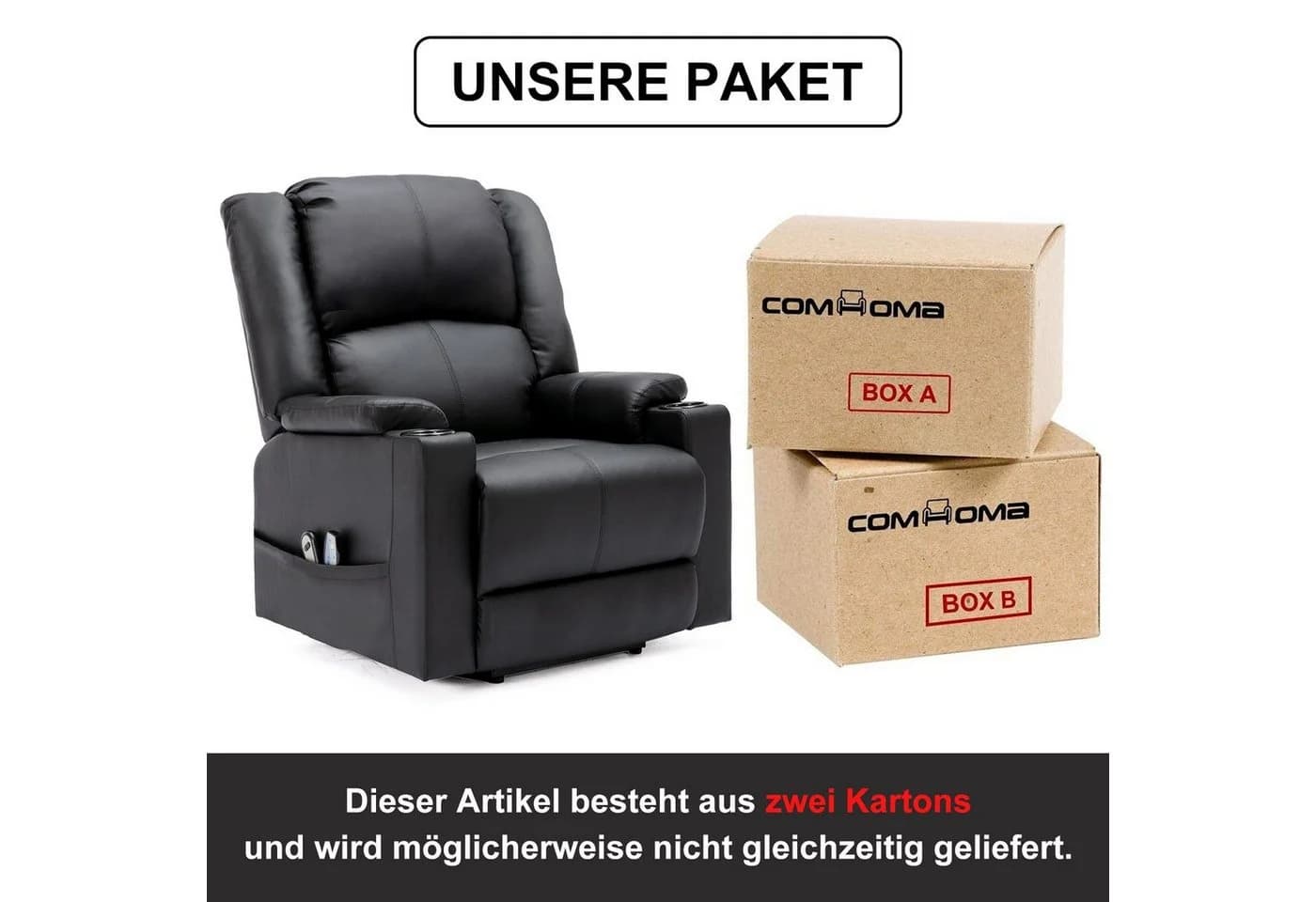 COMHOMA Massagesessel mit Aufstehhilfe und Massagefunktion Schwarz - Bild 3