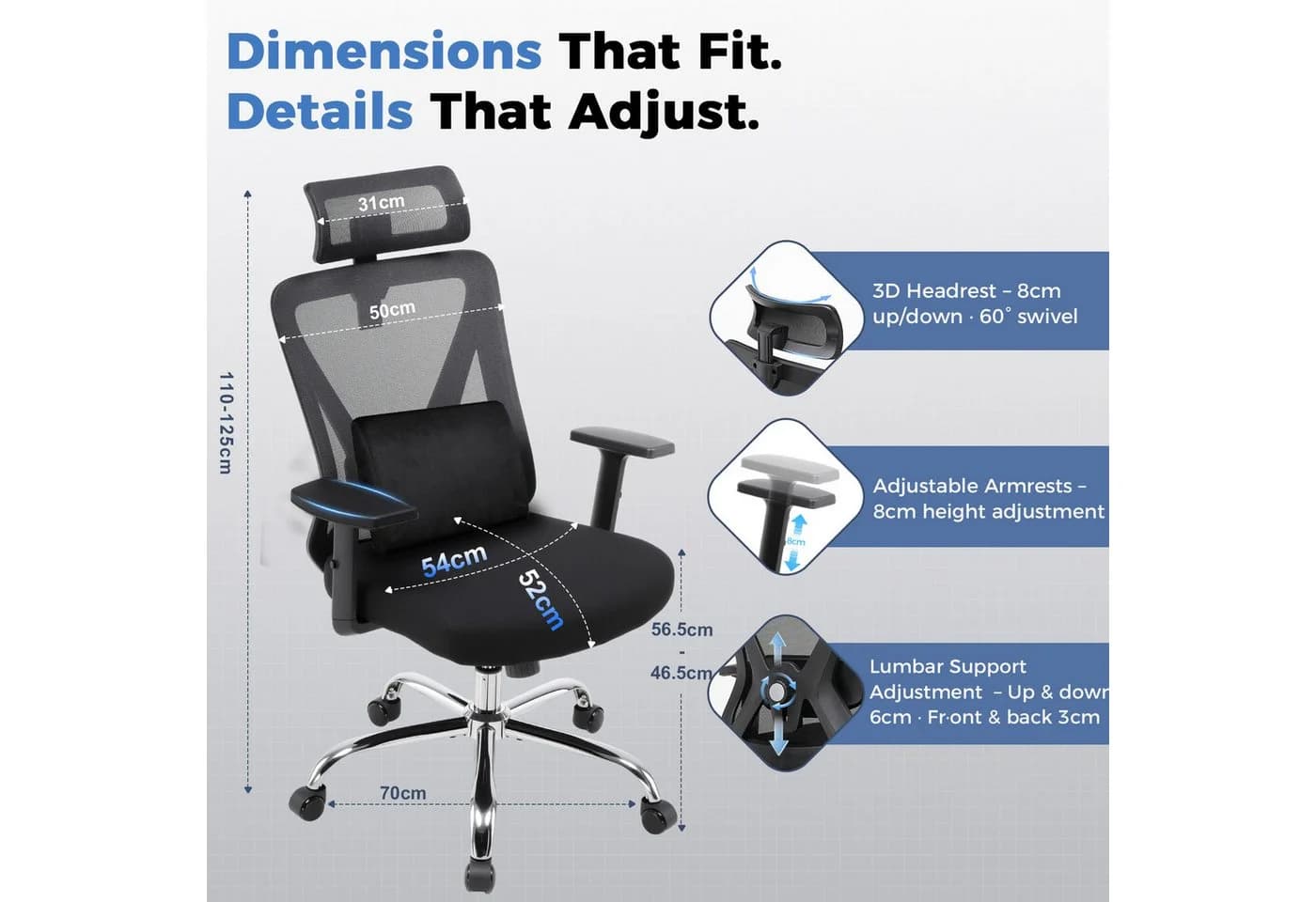 GTPLAYER Bürostuhl Ergonomisch mit 3D Stütze & Wippfunktion Schwarz - Bild 5