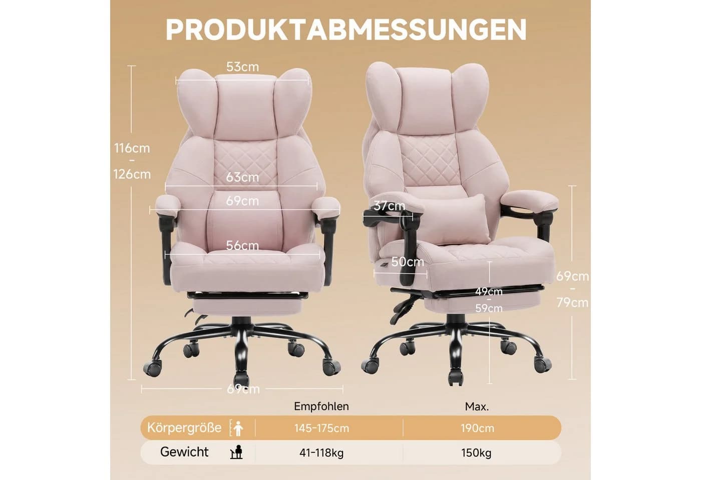 GTPLAYER Gaming-Stuhl Rosa Ergonomisch mit Fußstütze - Bild 3