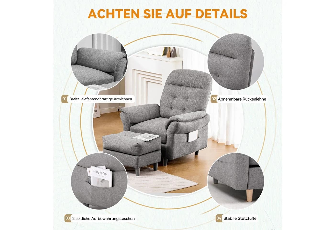 COMHOMA Relaxsessel mit Hocker und verstellbarer Rückenlehne grau - Bild 5