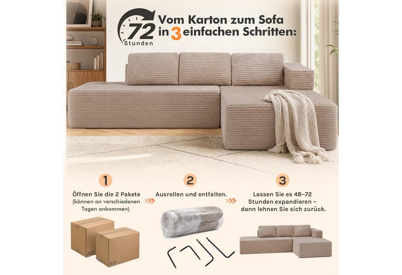 COMHOMA Ecksofa Cord L-Form mit Chaiselongue Beige - Bild 3
