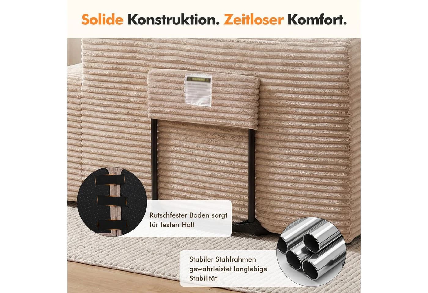 COMHOMA Ecksofa Cord L-Form mit Chaiselongue Beige - Bild 4