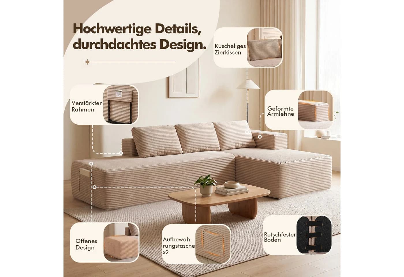 COMHOMA Ecksofa Cord L-Form mit Chaiselongue Beige - Bild 5