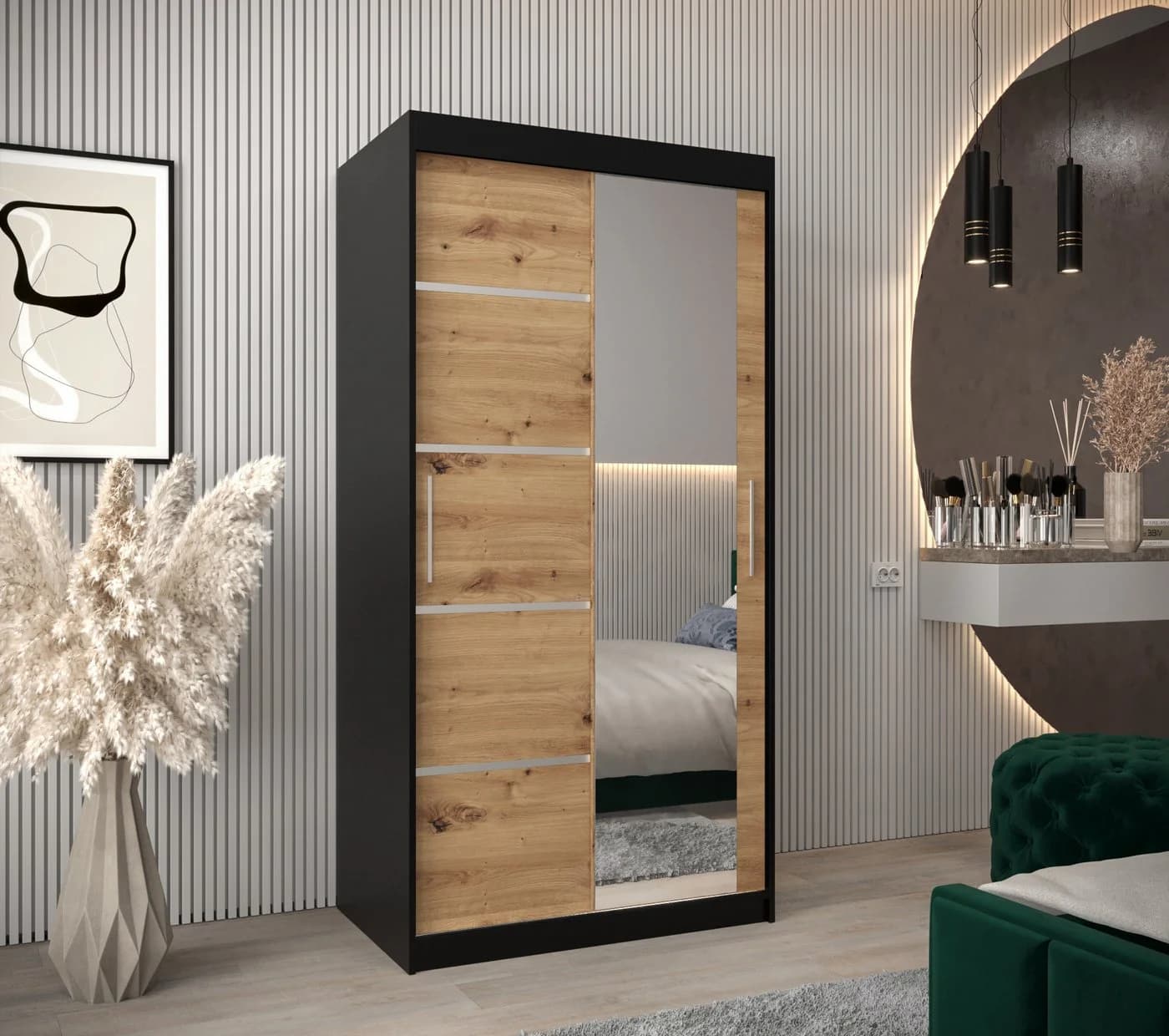 ABIKS MÖBEL Schwebetürenschrank Verona 2 mit Spiegel Schwarz/Eiche