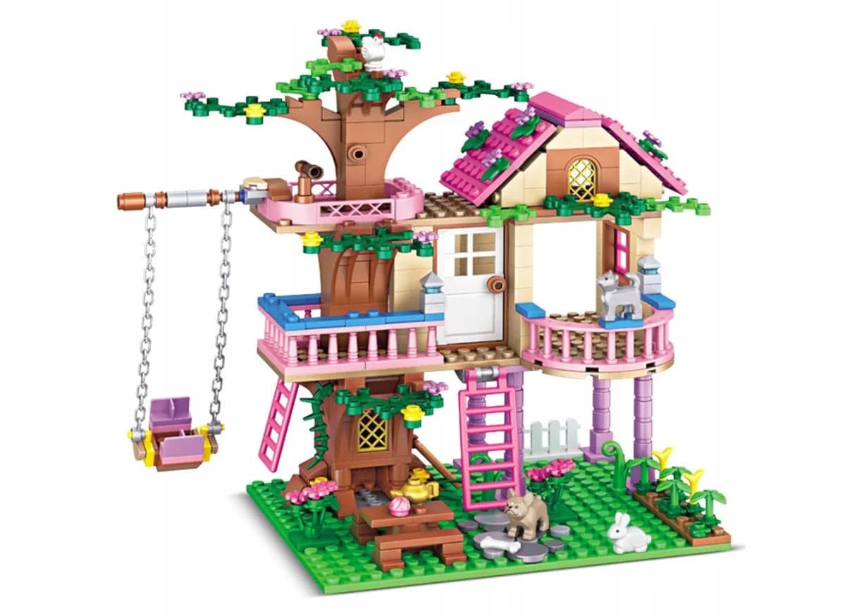 COIL Baumhaus Baukasten 504 Teile Rosa mit 3 Figuren 4 Tieren