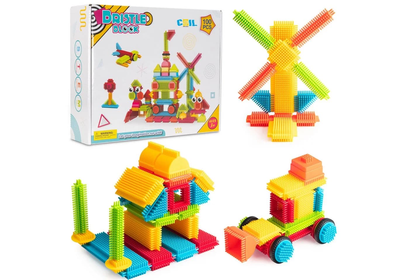 COIL Steckspielzeug, Bausteine in Borstenform, Igelblöcke Spielbauklötze, 100 St, STEM, Baukasten, sichere Bausteine, für Kinder ab 3 Jahren - Bild 2