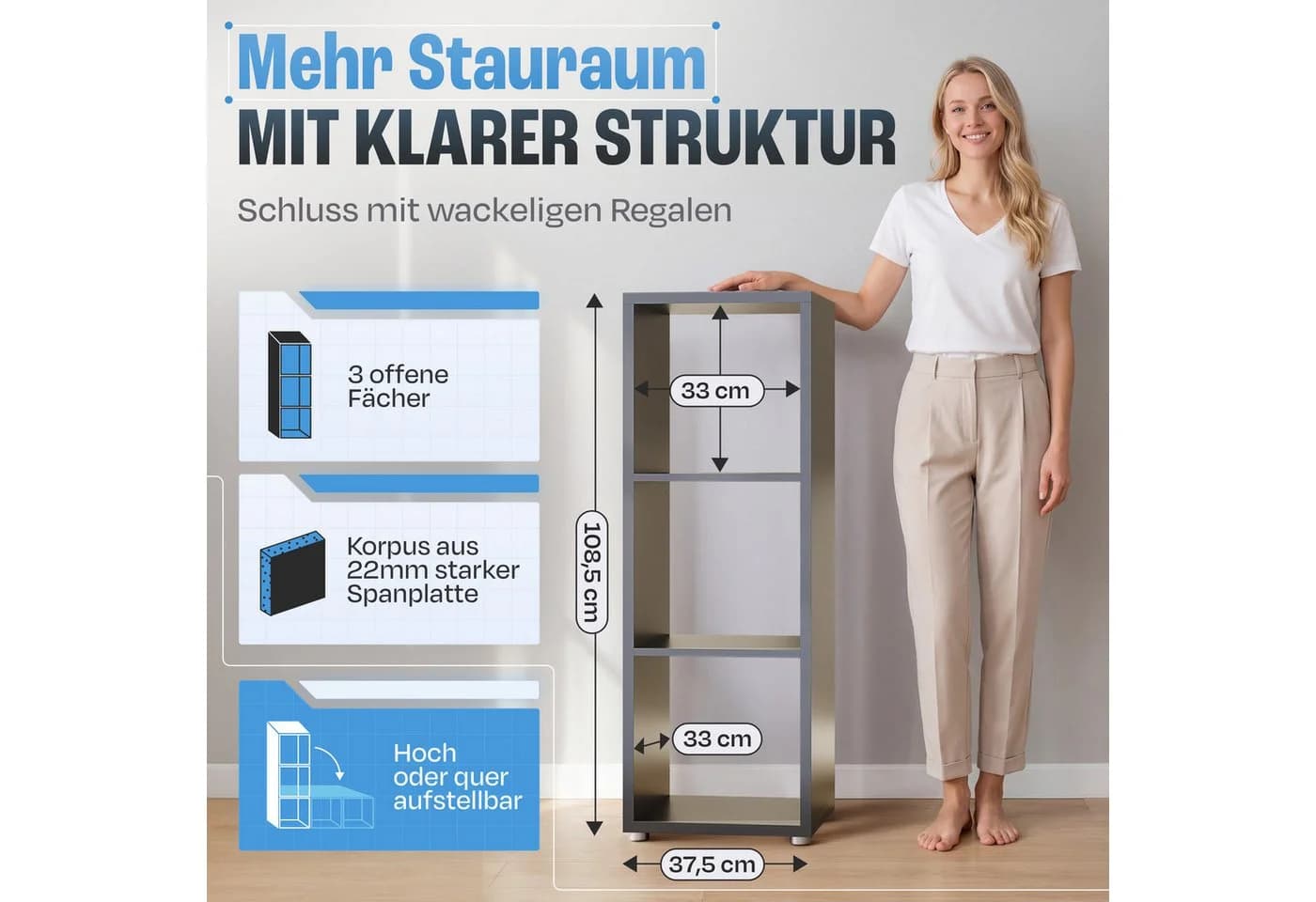 BMG Möbel Standregal NIZZA Anthrazit 3 Fächer - Bild 3