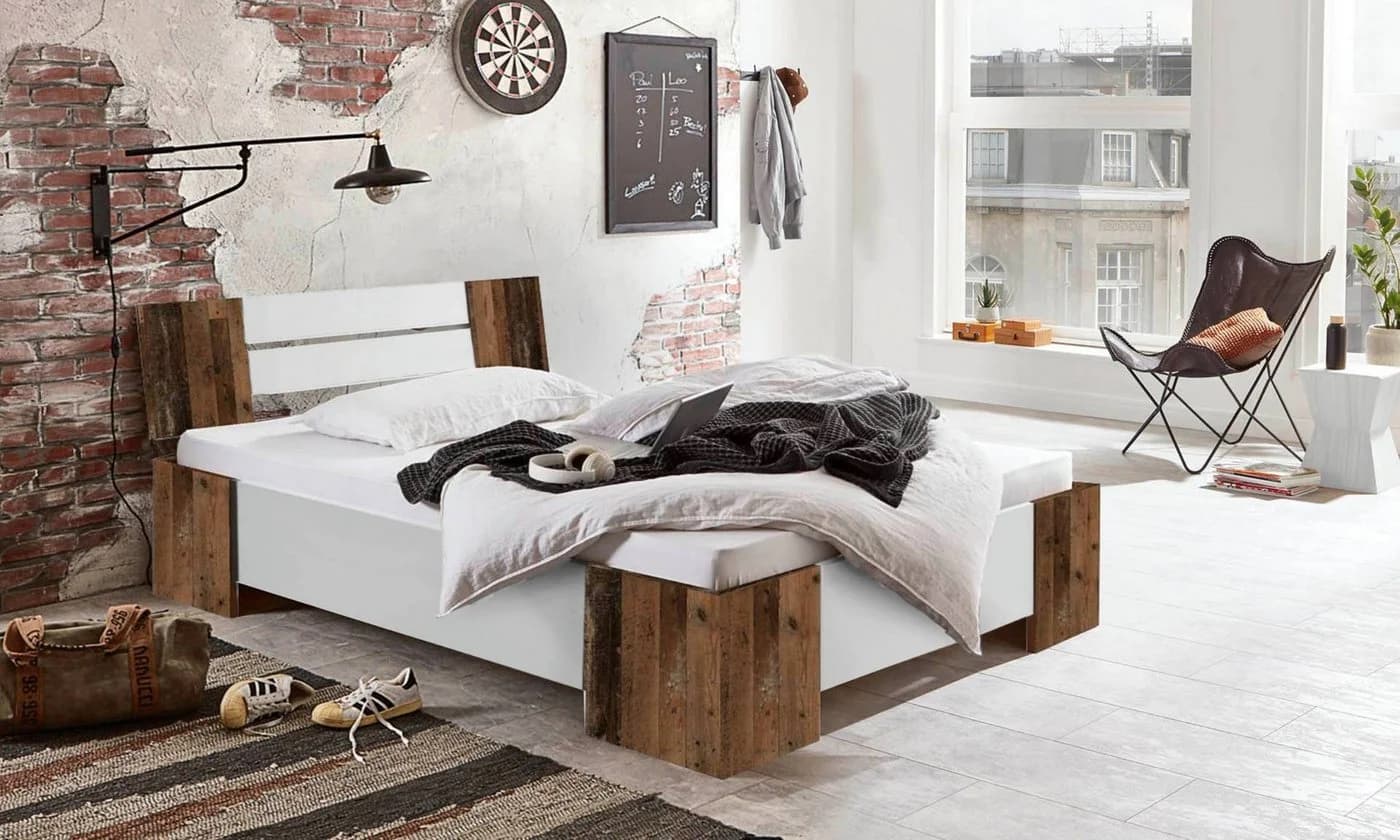 BMG Möbel Futonbett Graz 2 Weiß Hochglanz Oldstyle Eiche