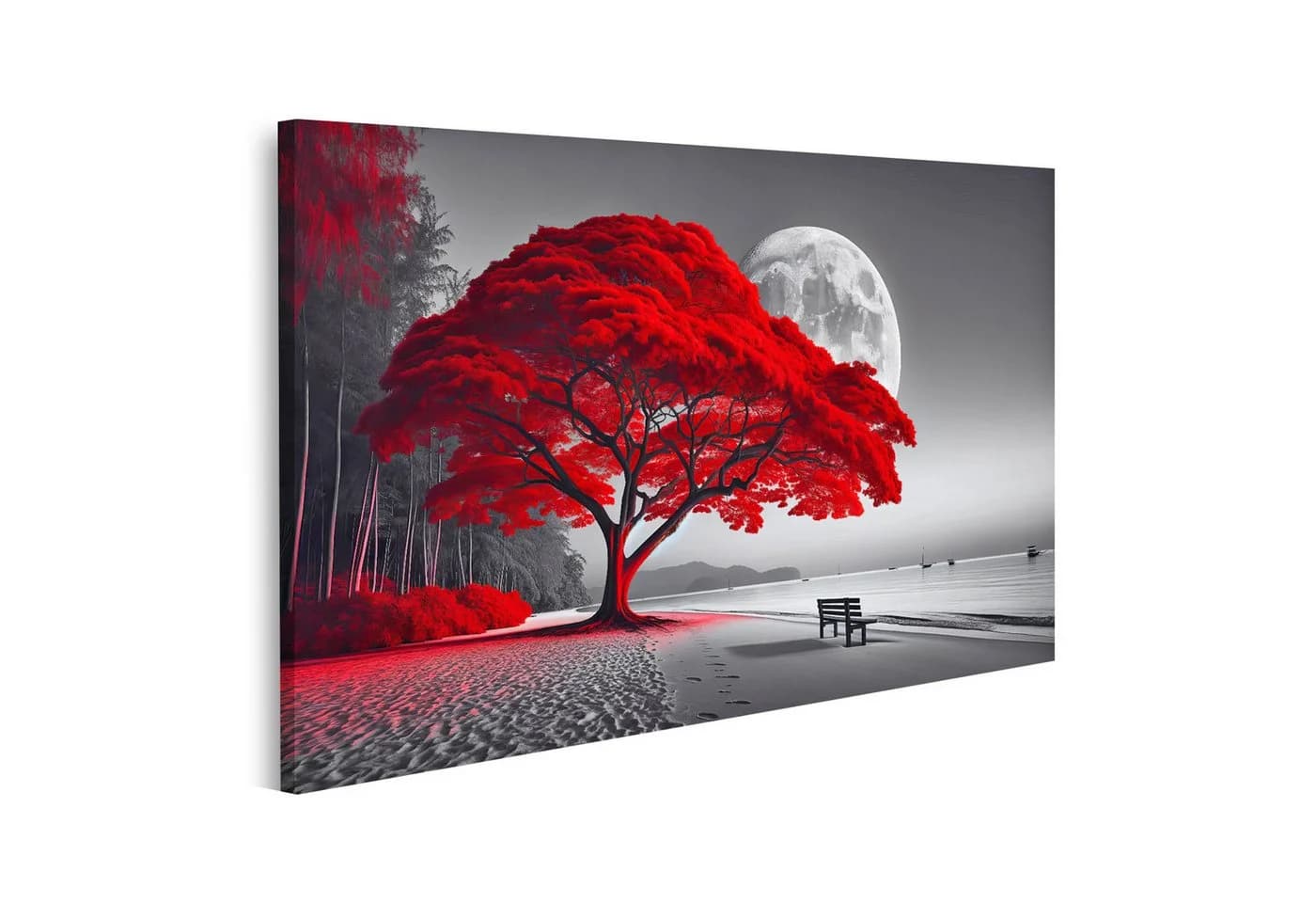islandburner Leinwandbild Roter Baum am Strand mit Vollmond