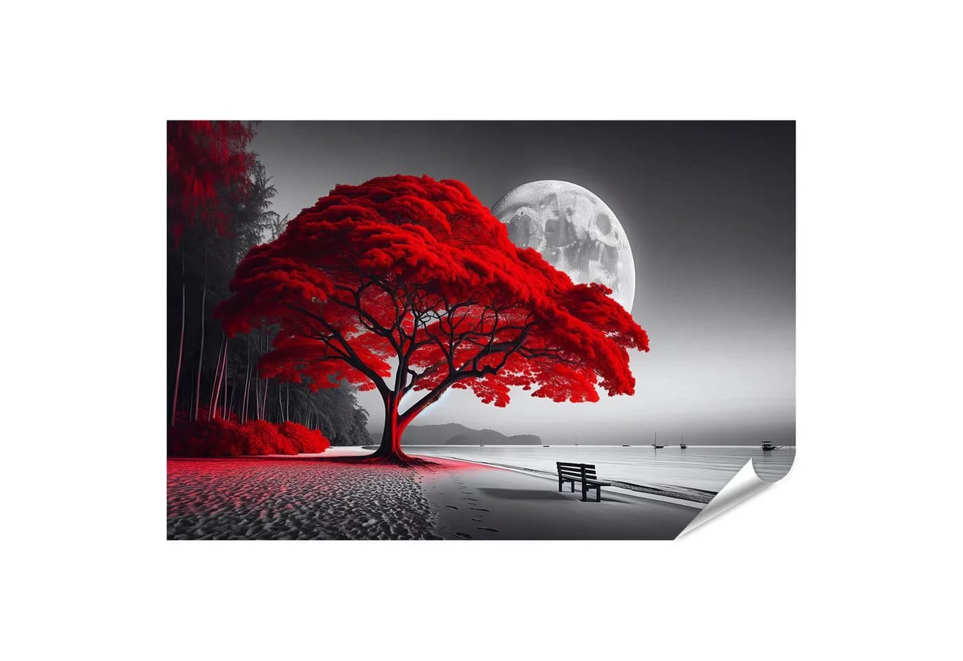 islandburner Leinwandbild Leuchtend Roter Baum Strand Vollmond