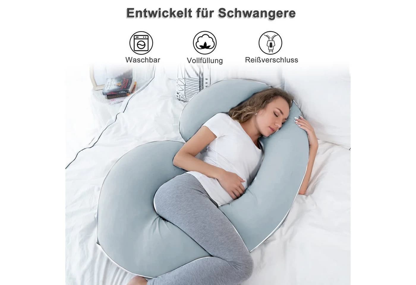CALIYO Seitenschläferkissen C-Form blau/grau mit Baumwollfüllung