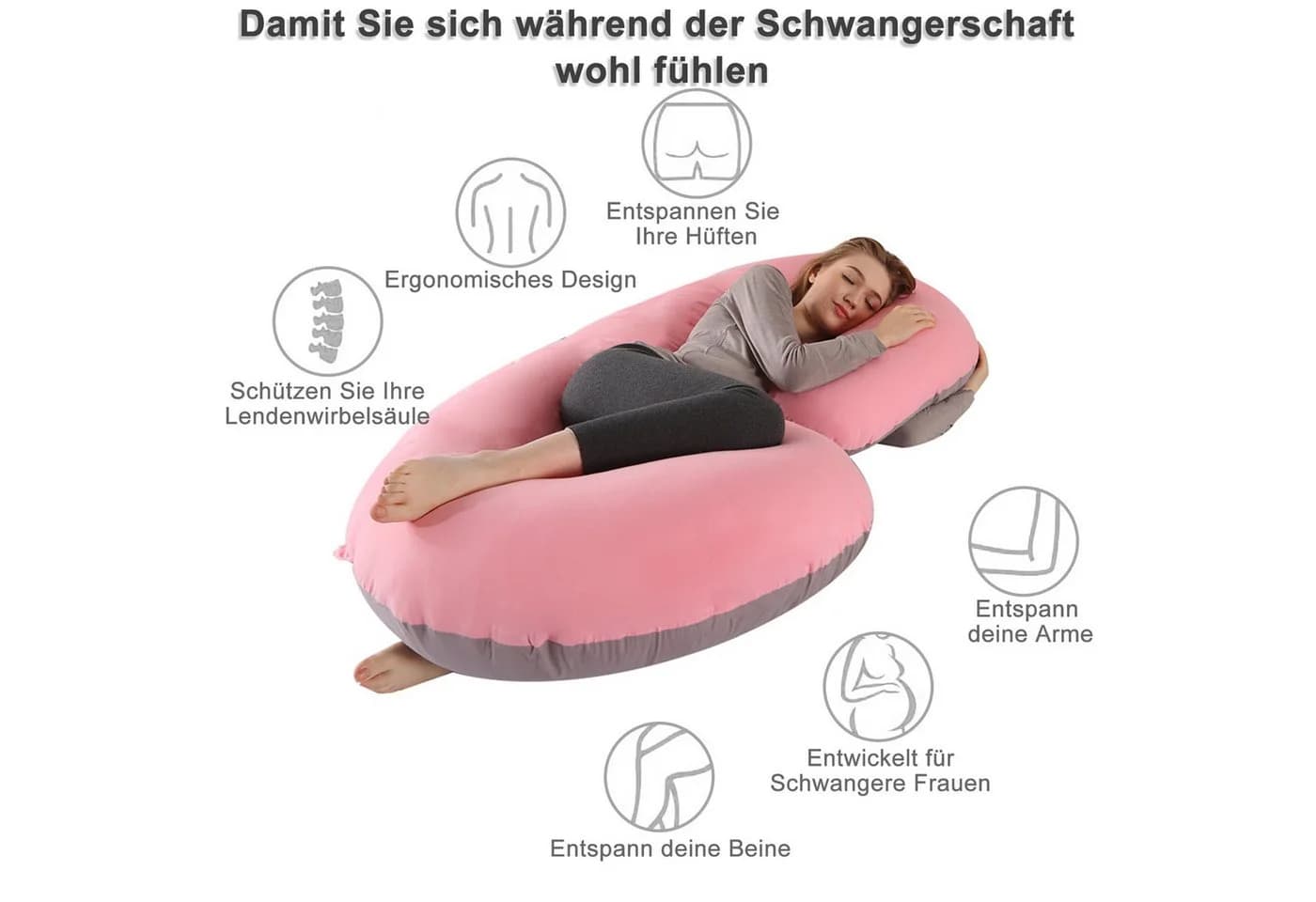 CALIYO Seitenschläferkissen C-Form Stillkissen rosa-grau - Bild 5