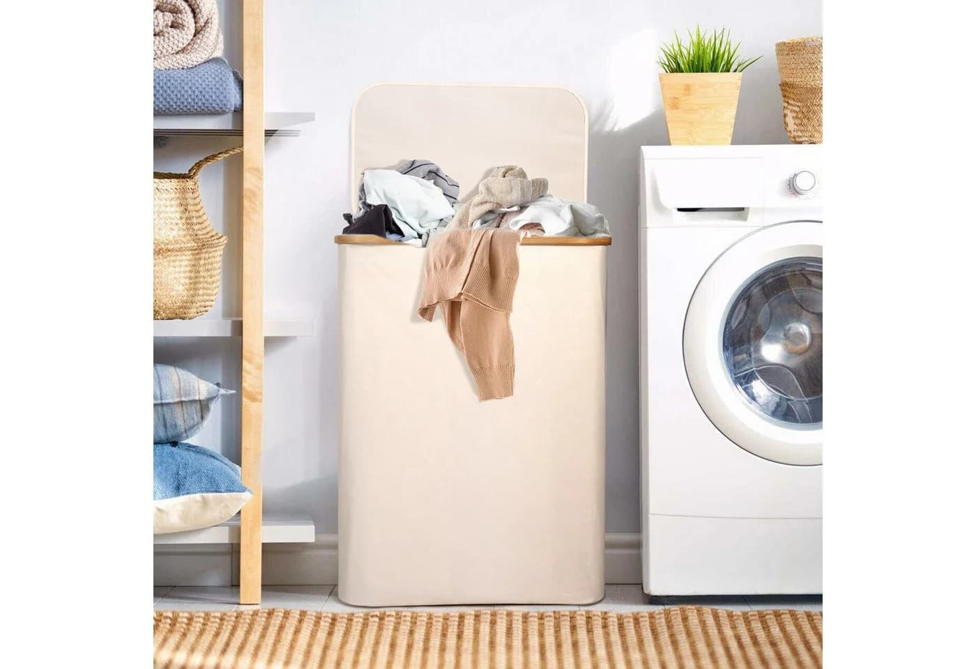 CALIYO Wäschekorb mit Deckel 156L Faltbar Bambusgriffe Beige