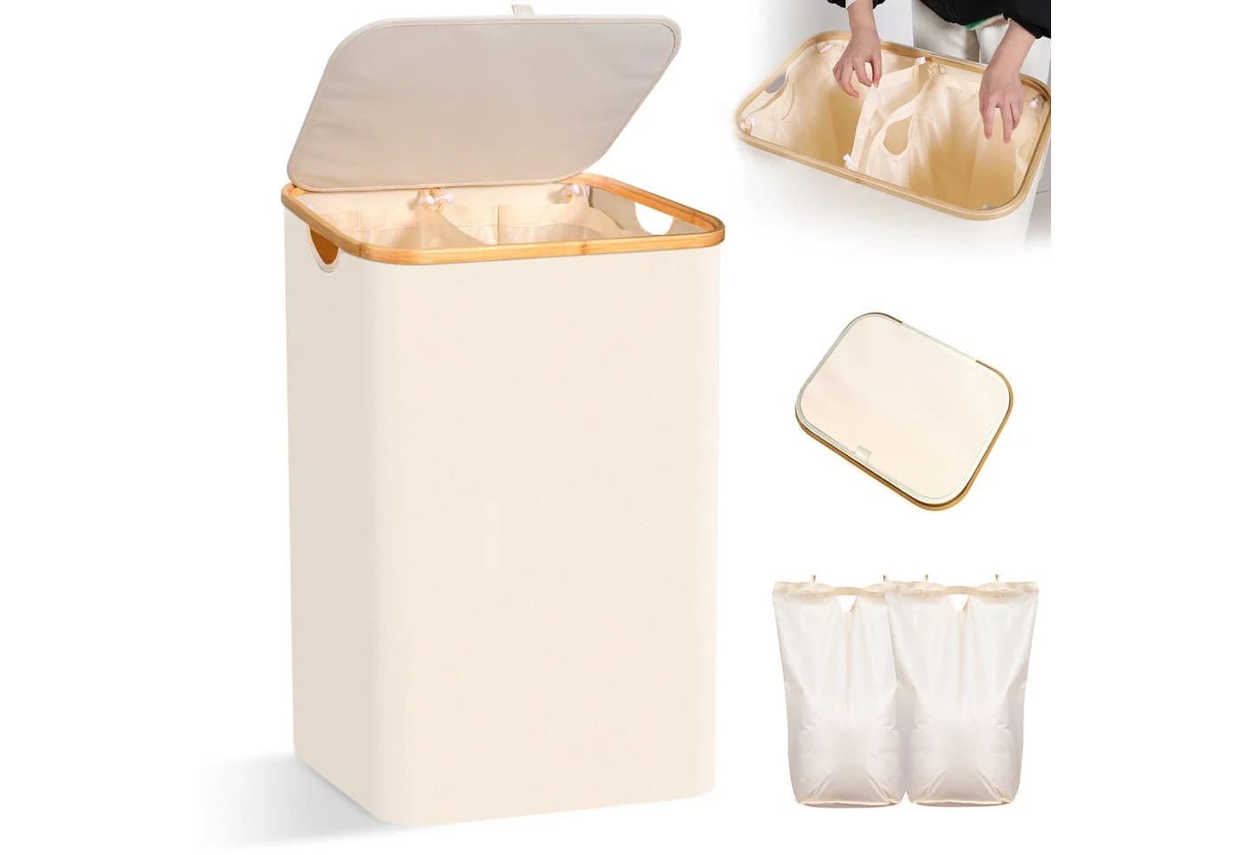 CALIYO Wäschekorb mit Deckel 156L Faltbar Bambusgriffe Beige - Bild 2