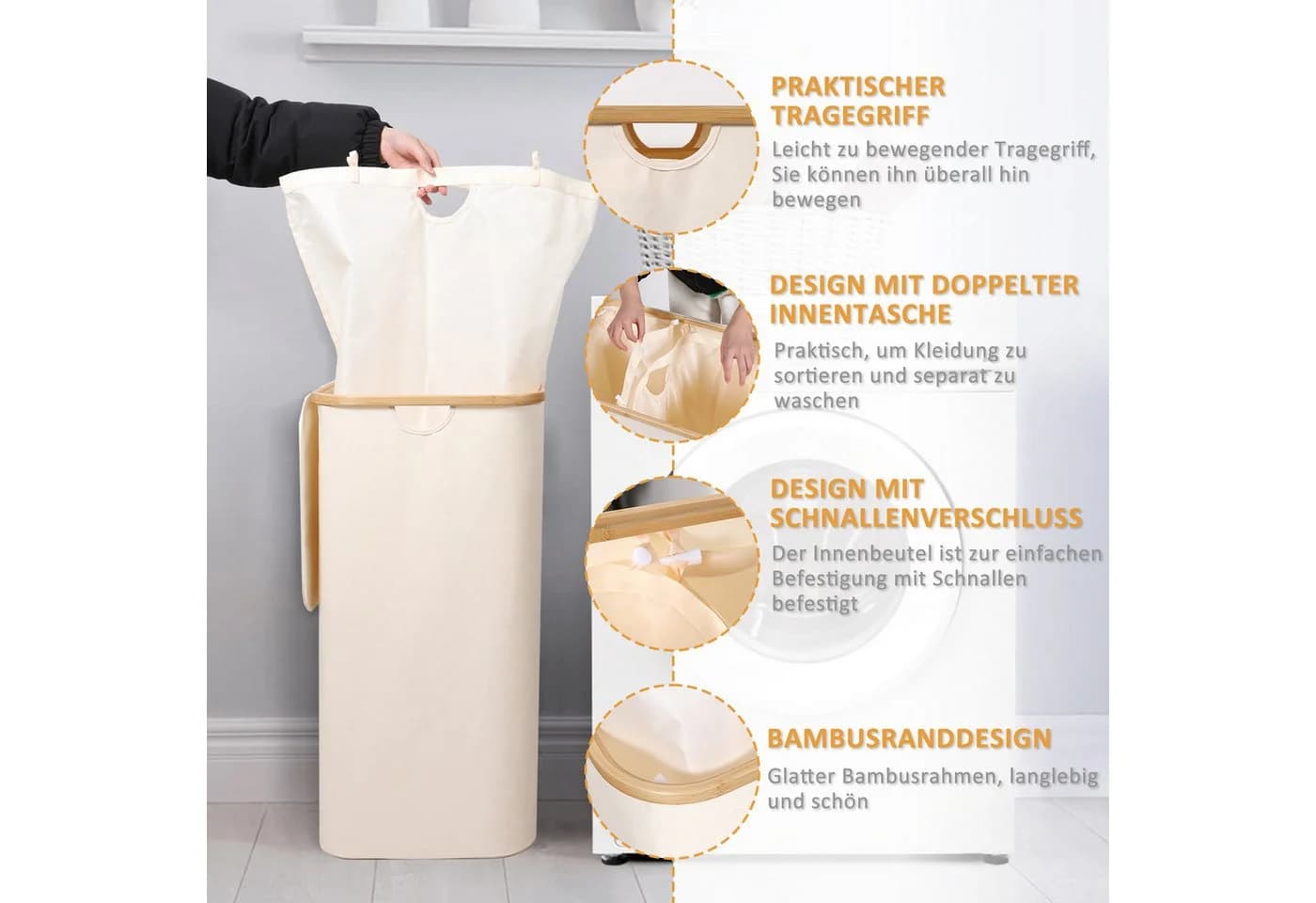 CALIYO Wäschekorb mit Deckel 156L Faltbar Bambusgriffe Beige - Bild 3
