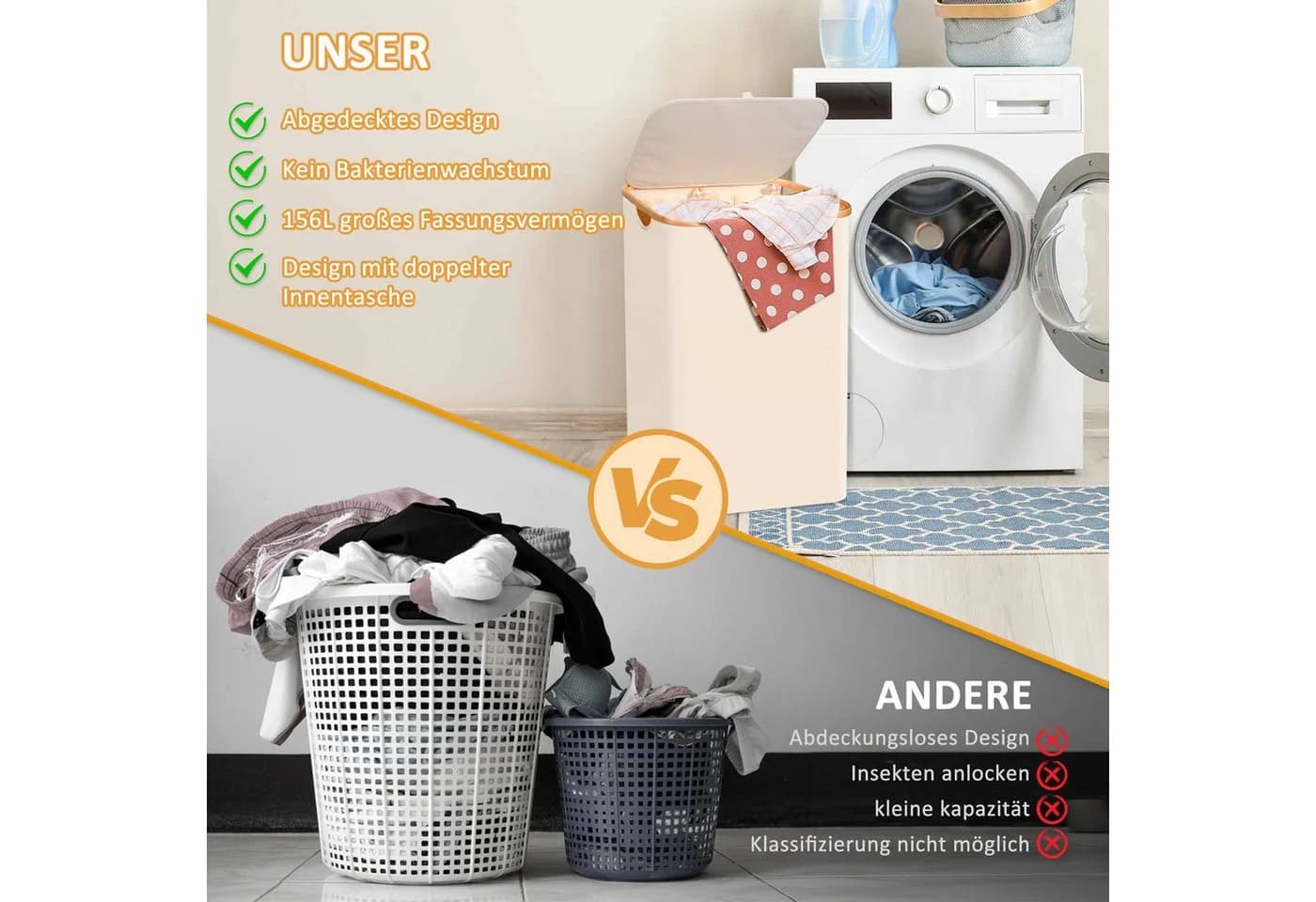CALIYO Wäschekorb mit Deckel 156L Faltbar Bambusgriffe Beige - Bild 4