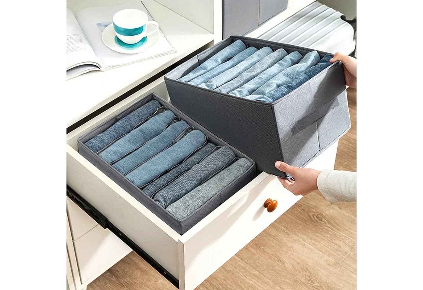 CALIYO Aufbewahrungsbox 2-Tlg. Grau 7 Fächer Kleiderschrank Organizer
