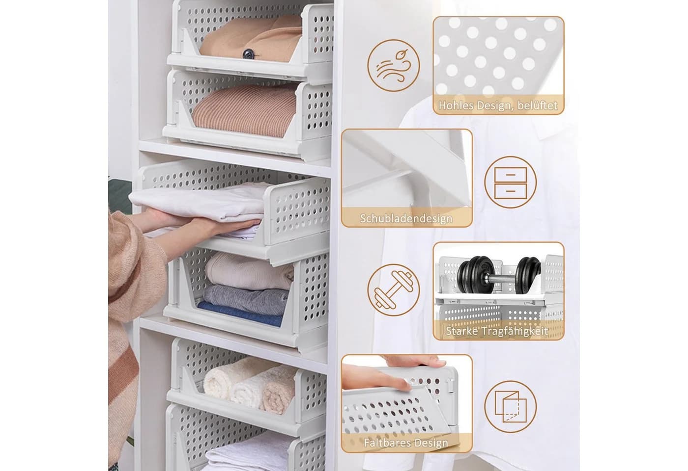 CALIYO Aufbewahrungsbox 4er Schubladenbox Stapelbare Kleiderschrank Organizer Faltbaren Regal - Bild 5