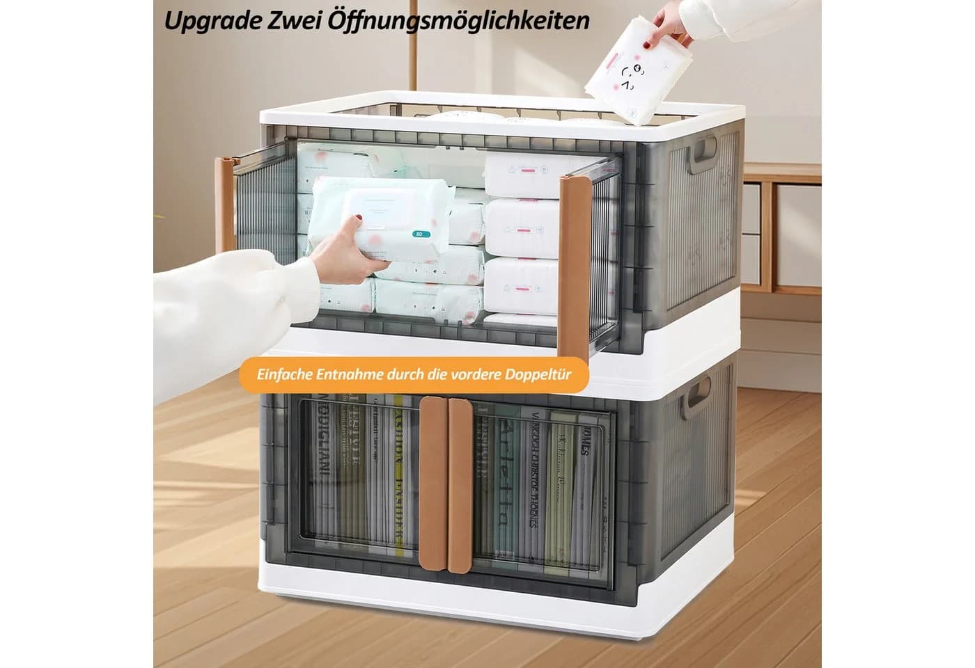 CALIYO Aufbewahrungsbox Stapelbar mit Rollen Sichtbare Türen