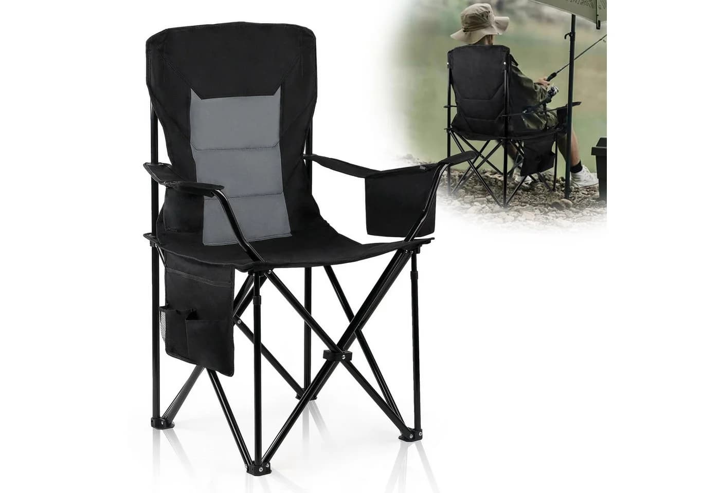 CALIYO Campingstuhl Faltstuhl mit Getränkehalter & Tragetasche Schwarz/Grau - Bild 2