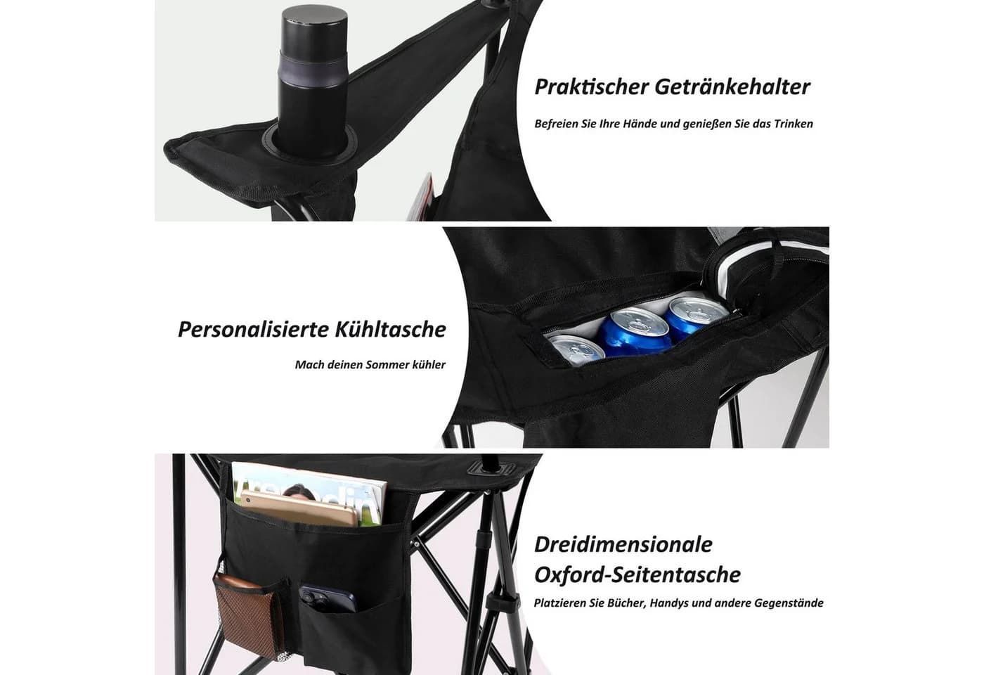 CALIYO Campingstuhl Faltstuhl mit Getränkehalter & Tragetasche Schwarz/Grau - Bild 5