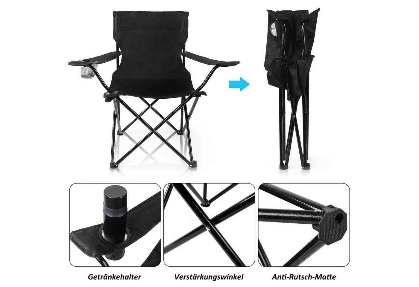CALIYO Klappstuhl Campingstuhl Schwarz mit Getränkehalter & Tragetasche - Bild 4