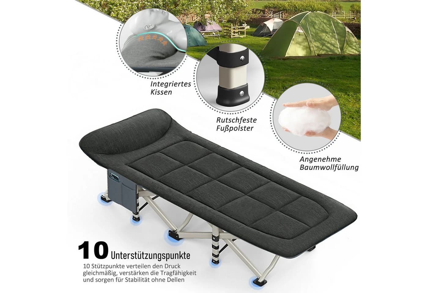 CALIYO Feldbett Campingbett klappbar mit Kissen Schwarz - Bild 4