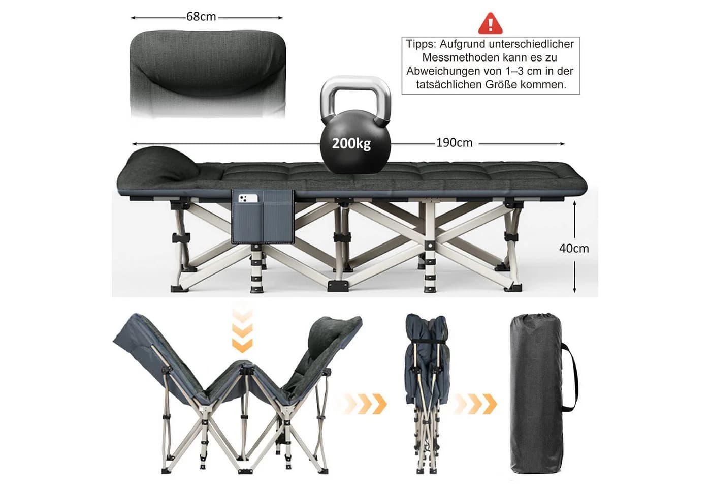CALIYO Feldbett Campingbett klappbar mit Kissen Schwarz - Bild 5