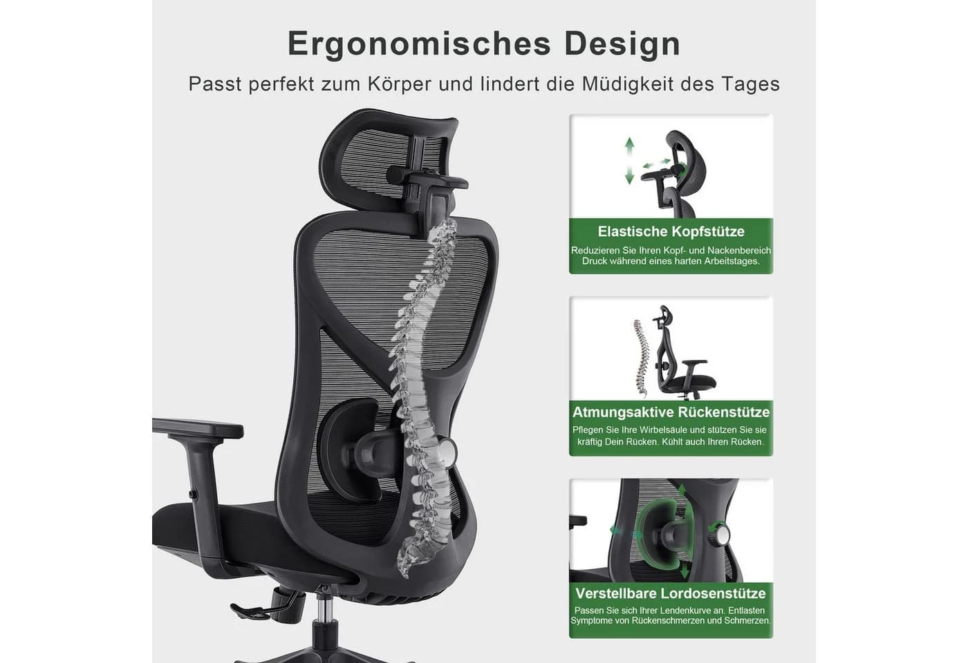 CALIYO Bürostuhl Ergonomisch Schreibtischstuhl Klappbare Armlehnen Wippe - Bild 5