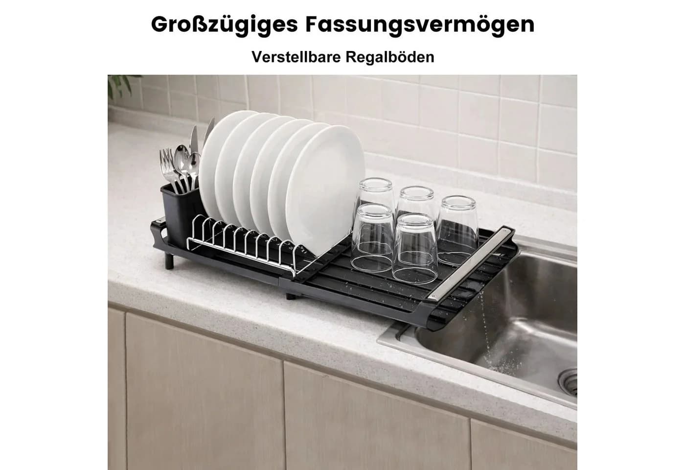 DAITORE Geschirrständer Schwarz Ausziehbar Mit Wasserableitung