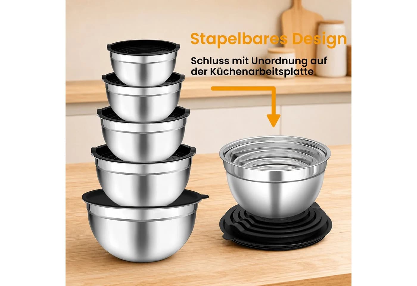 DAITORE Rührschüssel-Set 5-tlg. Edelstahl mit Deckel & Reibeaufsätzen - Bild 3