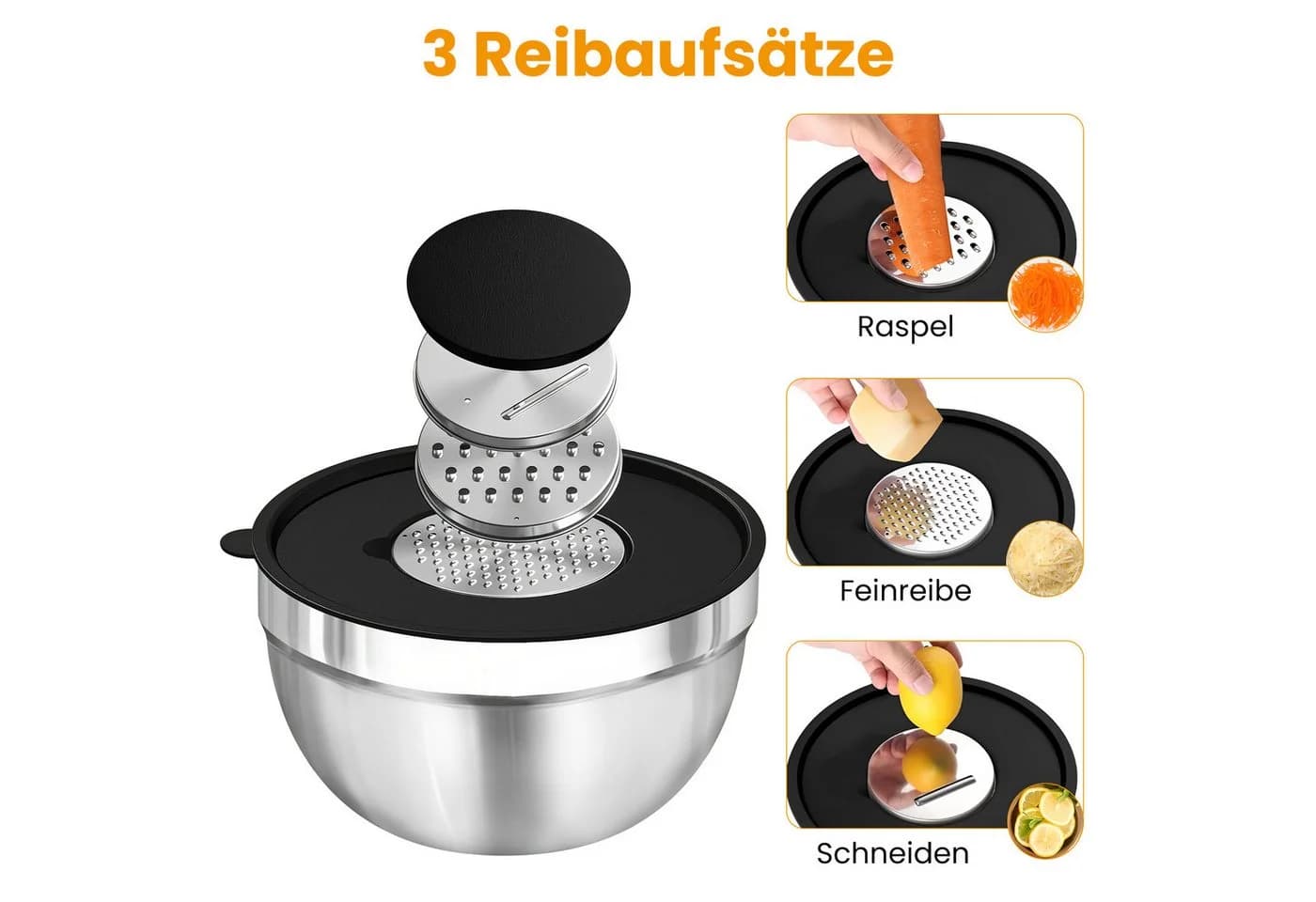DAITORE Rührschüssel-Set 5-tlg. Edelstahl mit Deckel & Reibeaufsätzen - Bild 5