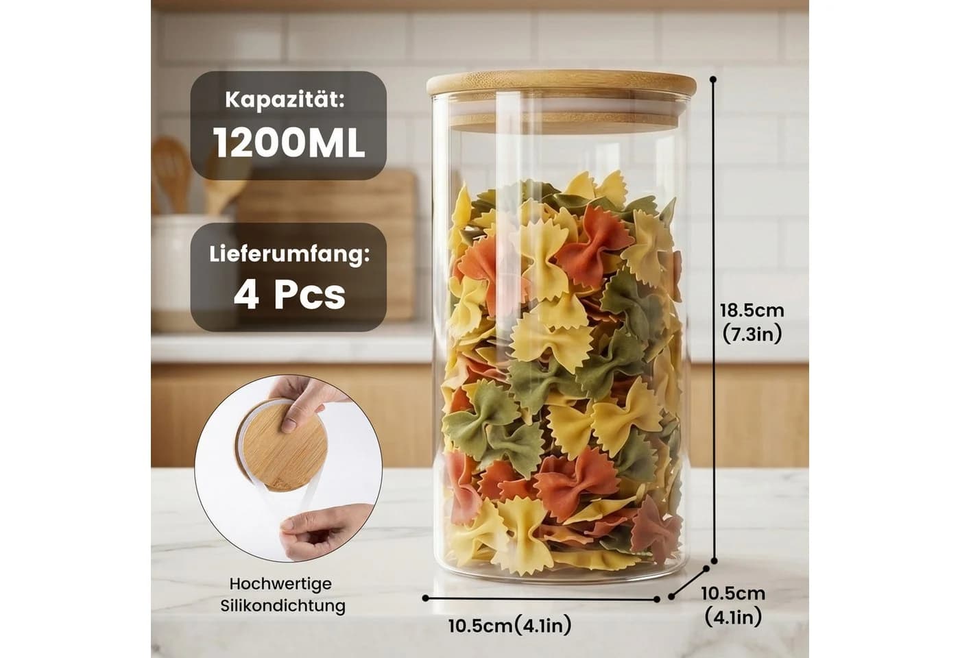 DAITORE Vorratsglas 4-Tlg 1200 ML Glasbehälter mit Bambusdeckel - Bild 4