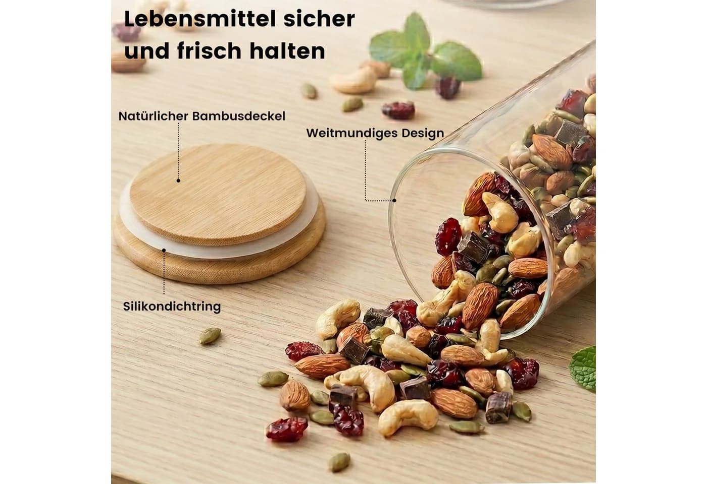 DAITORE Vorratsglas 4-Tlg 1200 ML Glasbehälter mit Bambusdeckel - Bild 5