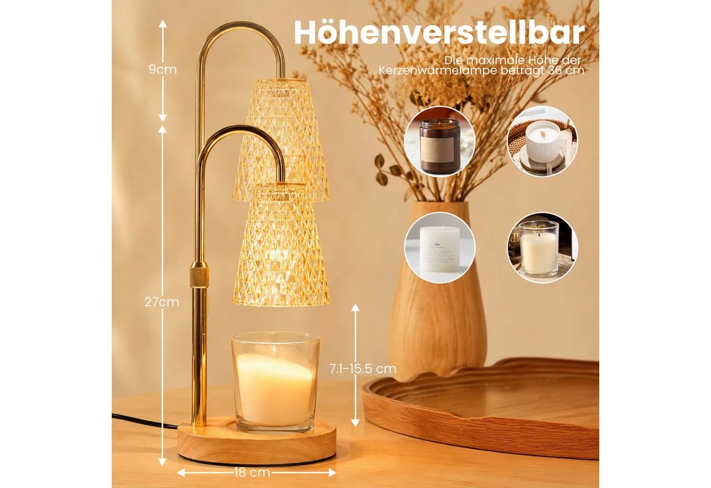 DAITORE Duftlampe Kerzenwärmer mit Timer, Dimmer & Höhenverstellung, Gold - Bild 4