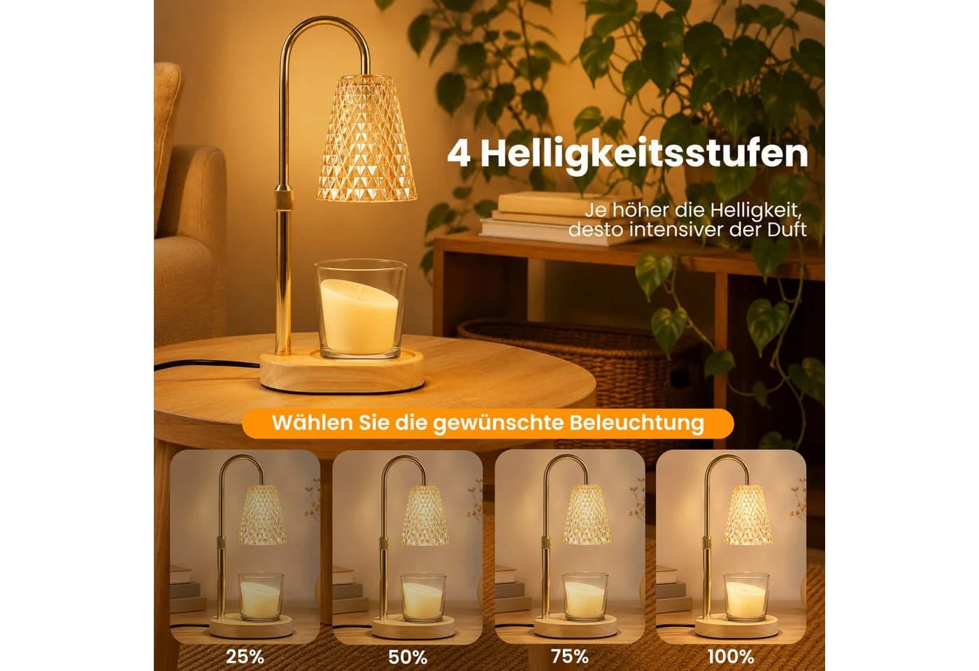 DAITORE Duftlampe Kerzenwärmer mit Timer, Dimmer & Höhenverstellung, Gold - Bild 5