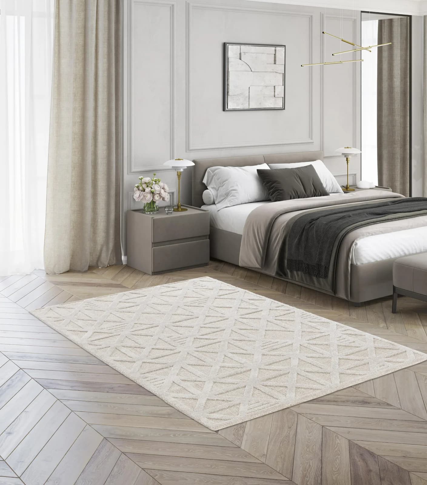 Teppich COSMO Geo, Made in Belgium, Beige, Hoch-Tief-Effekt, Polyester, Polypropylen