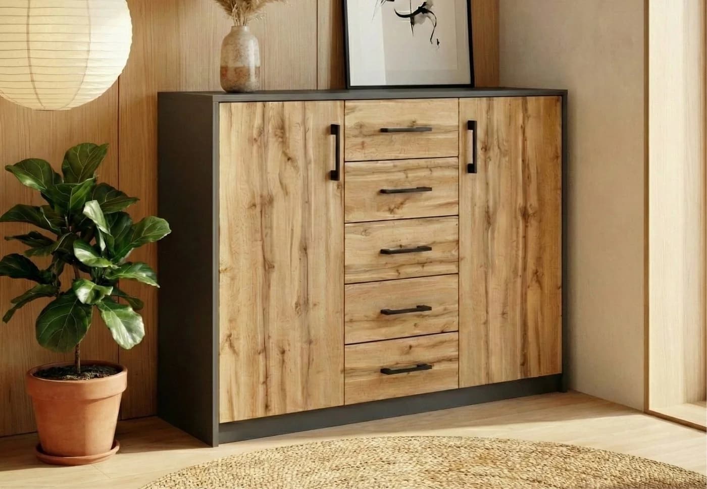 Home Collective Kommode 5 Schubladen 2 Türen Graphit Eiche Modern - Bild 2