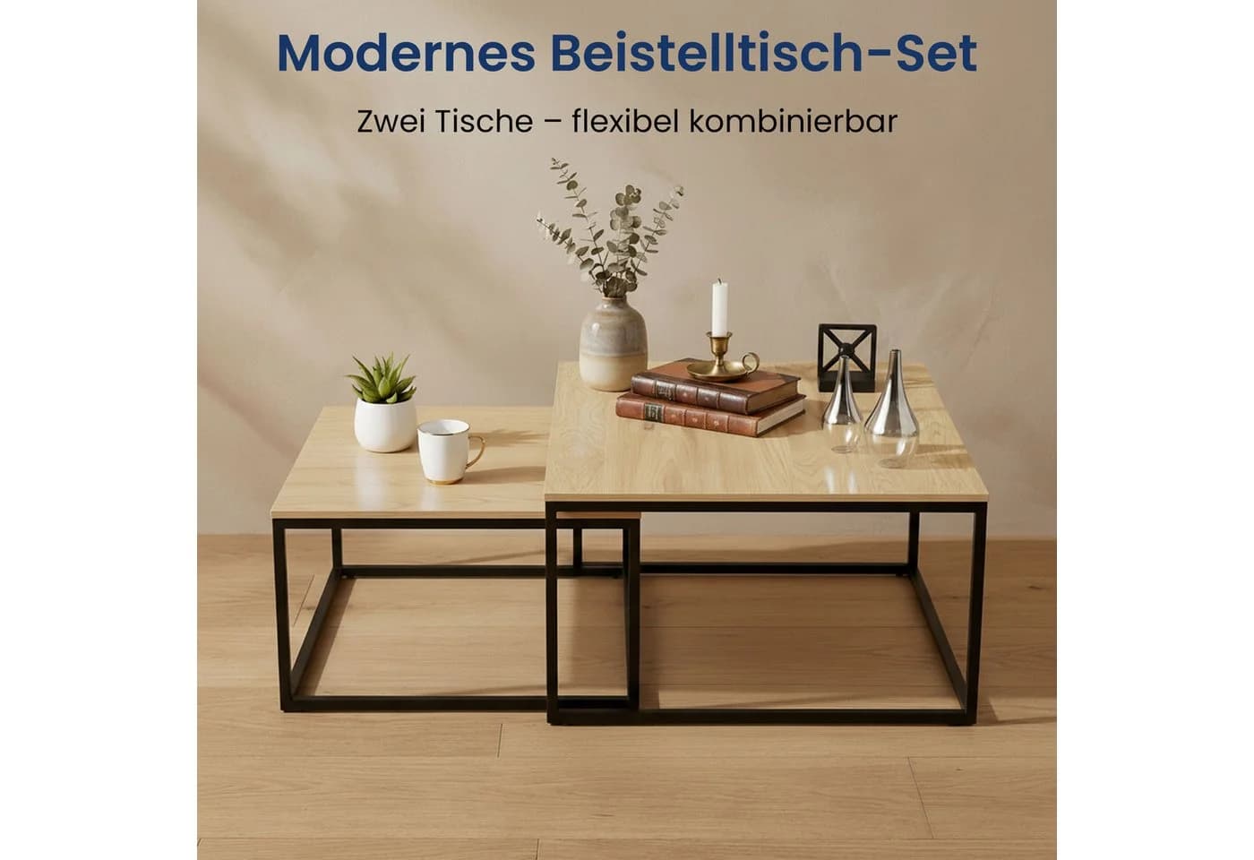 Home Collective Couchtisch 2er Set Stapelbar Metall Eiche Hell - Bild 4
