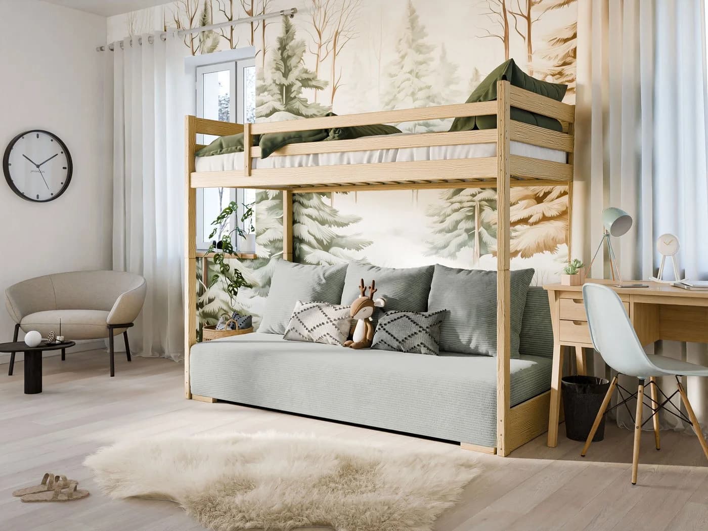 Kids Collective Hochbett 90x200 cm mit Schlafsofa 140x200 cm Couch in Cord-Stoff