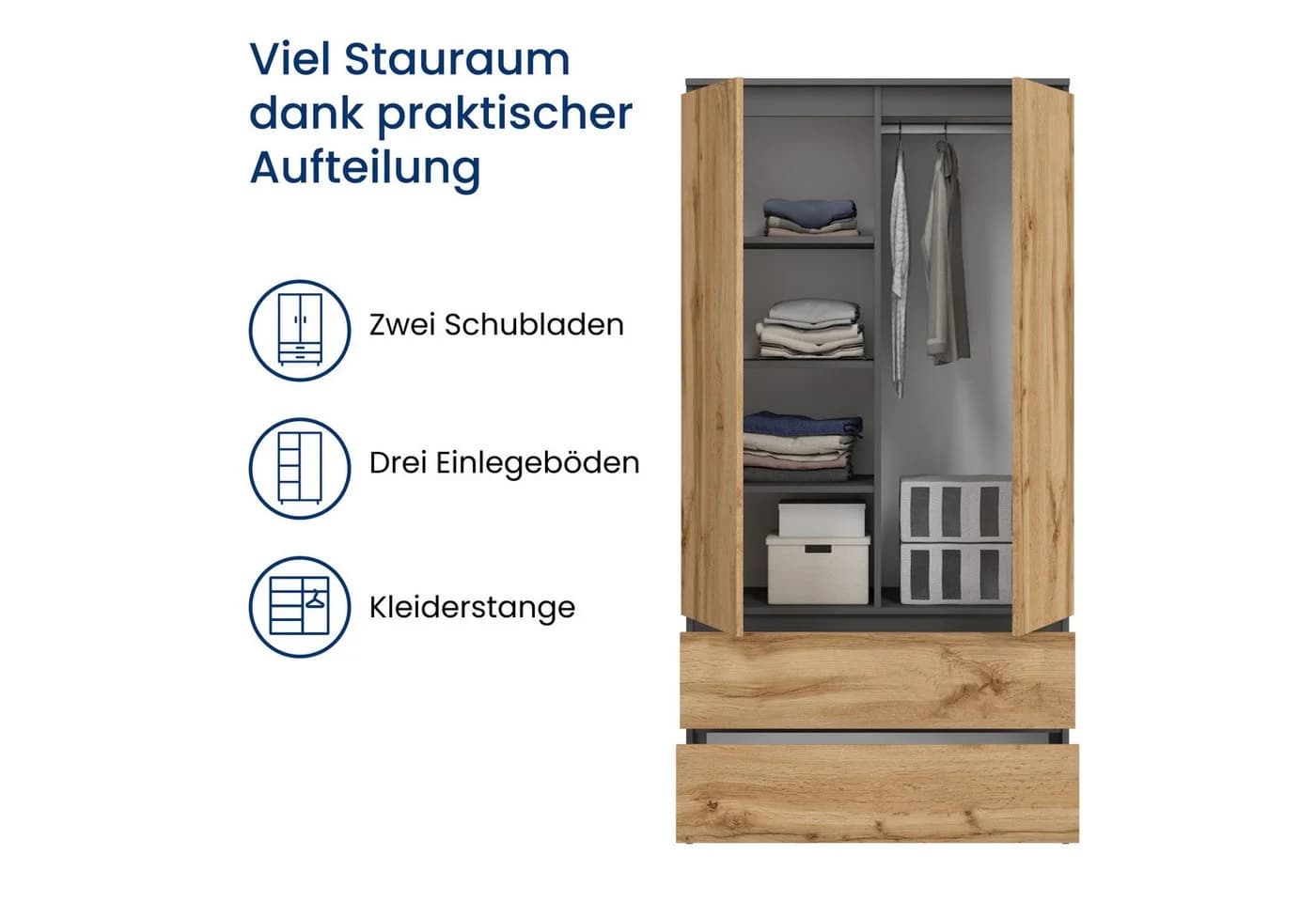 Home Collective Kleiderschrank 90cm Anthrazit/Eiche mit Schubladen - Bild 4